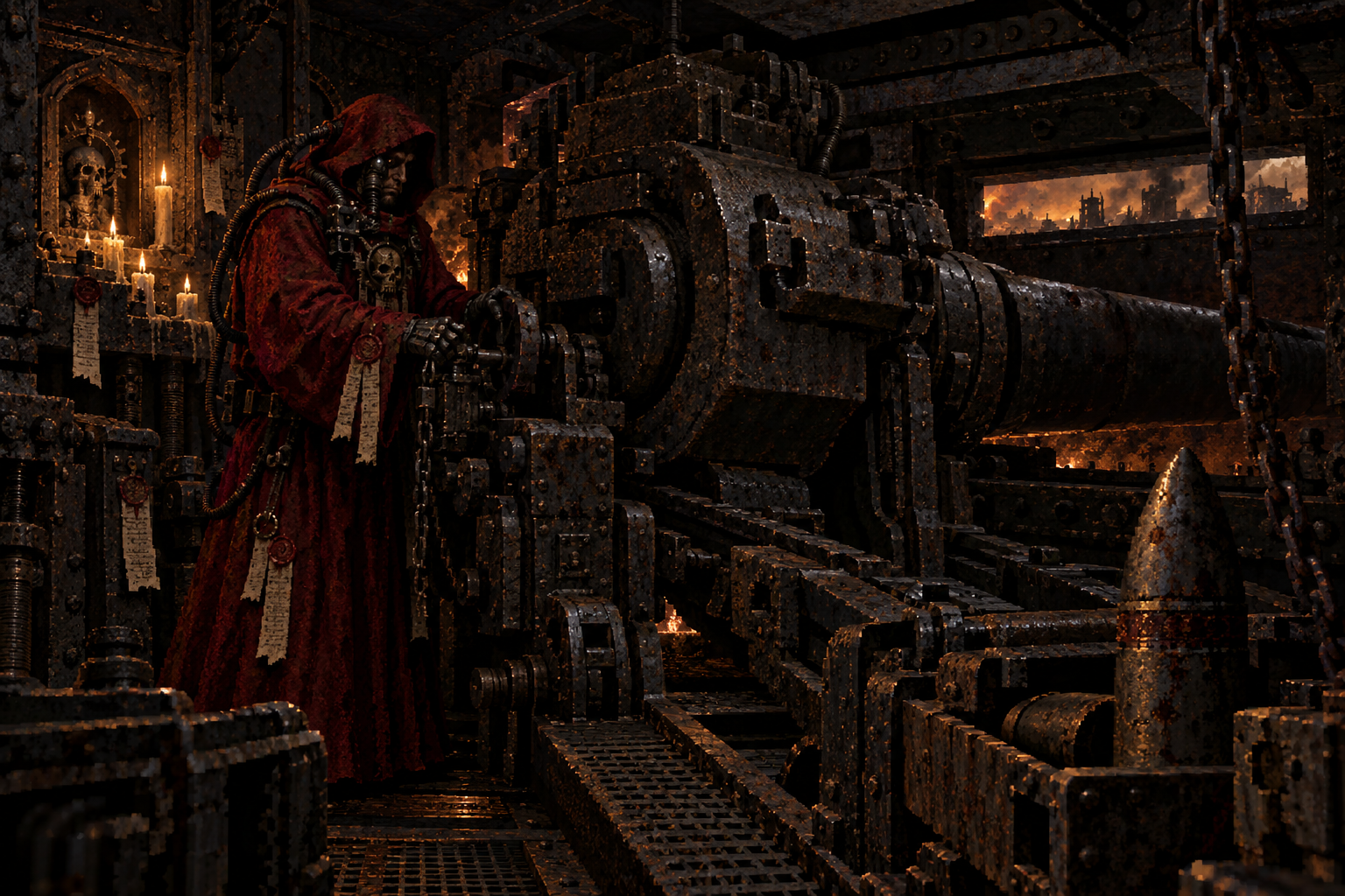 Crimson-robed tech priest working beside a massive gun breech in a corroded tank